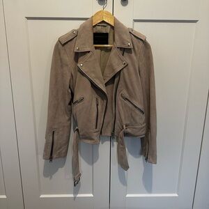 AllSaints Women’s Suede BALFERN BELTED SUEDE BIKER JACKET - Taupe